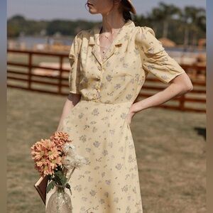 Simple Retro Floral Midi Dress Women’s Size M